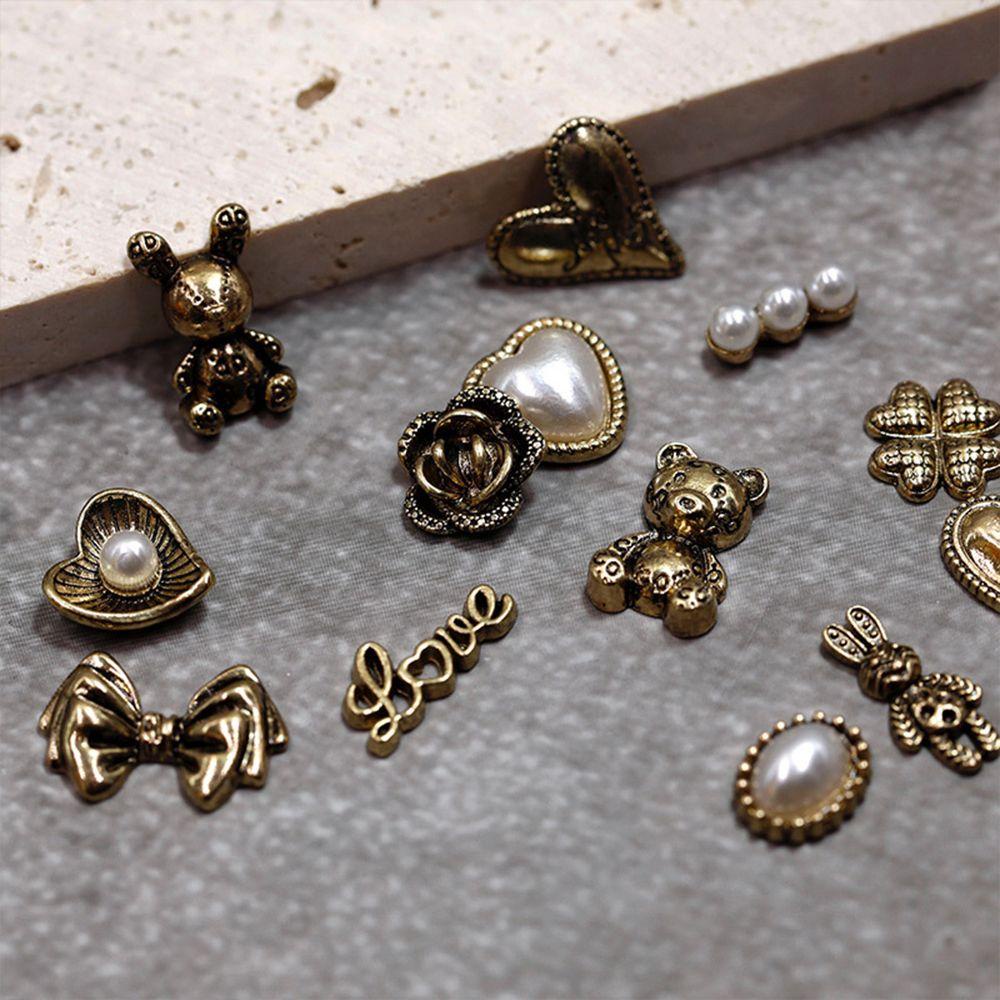 Phụ Kiện Trang Trí Móng Tay Hình Hoa/Gấu Màu Đồng Cổ Điển 3D Thời Trang