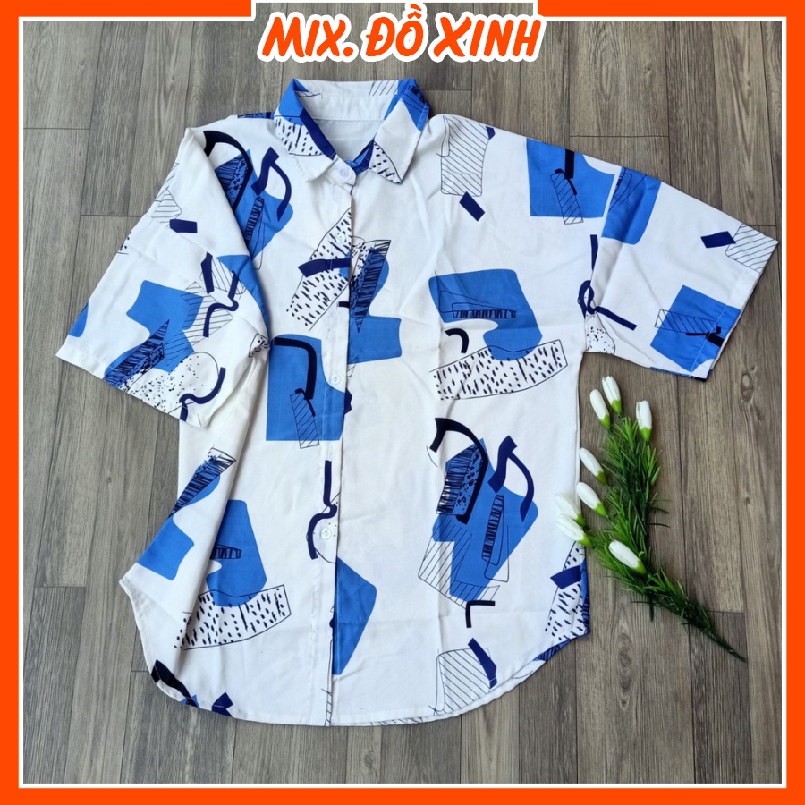 Áo sơ mi nữ form rộng tay lỡ Thu Hà sơ mi đũi freesize chất liệu mịn mát in hình Ô Xanh Trắng