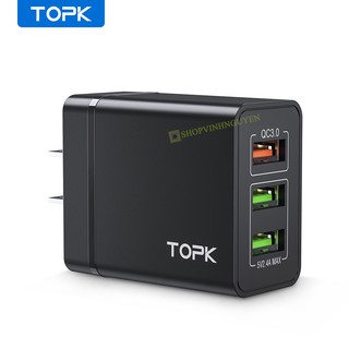 Củ sạc nhanh TOPK 18W B348Q chuẩn QC3.0 3 cổng USB cho điện thoại Samsung Xiaomi Iphone, Oppo... Bảo hành 1 tháng