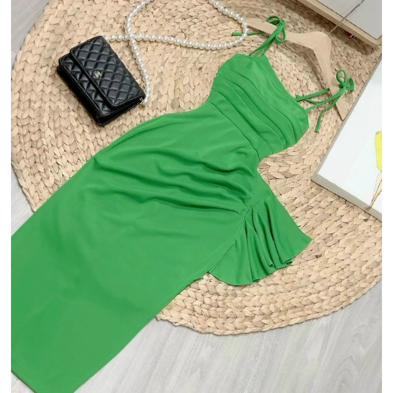 Đầm hai dây cột nơ xếp ly bèo hông cực sang chảnh đủ màu mẫu mới