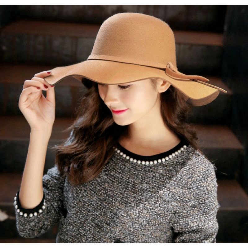 Nón mũ nỉ rộng vành nữ đẹp fedora màu kem Lh 0917399527
