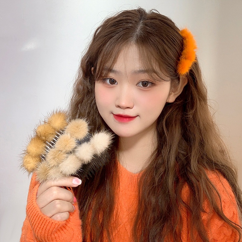 Lược Cài Tóc Mái Đính Bóng Lông Màu Sắc Dễ Thương Phong Cách Hàn Quốc Haimeikang Dành Cho Bạn Gái