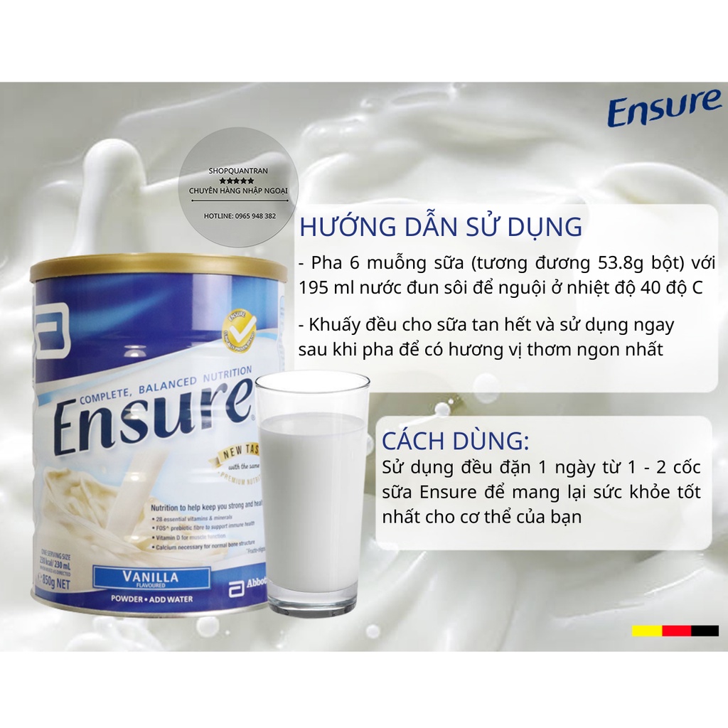 [Mã GROSALE55 giảm 8% đơn 500K] Sữa Ensure Úc Hộp 850g (Date Mới 2023) Hương Vanilla Chính Hãng Giá Tốt