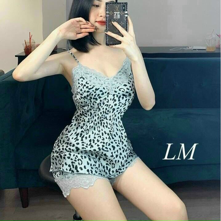 Bộ Đồ Ngủ Vải Lụa Hình Báo Phối Ren, Bộ Mặc Nhà Hình Beo Thời Trang Cao Cấp