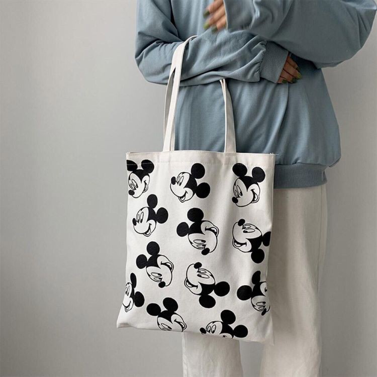 Túi tote vải bố đựng đồ đi chơi đi học in hình Mickey dễ thương phong cách thời trang Hàn Quốc