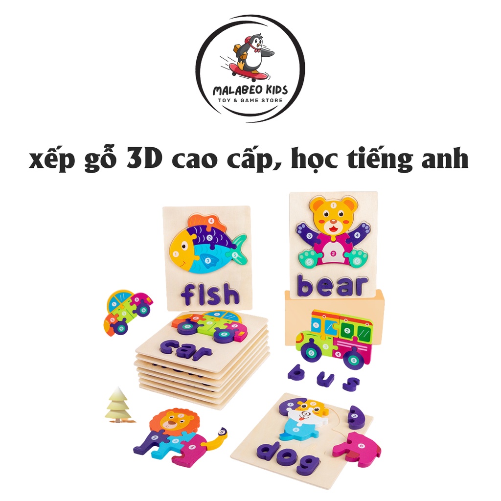 Tranh ghép hình 3D cao cấp, đồ chơi gỗ MALABEO KIDS học tiếng anh nhận biết con vật thân thuộc