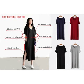 [SIÊU PHẨM] Đầm suông tay lỡ, váy suông nữ trơn xẻ tà Hàn Quốc cổ tim cộc tay chất cotton đủ size 40 đến 70kg