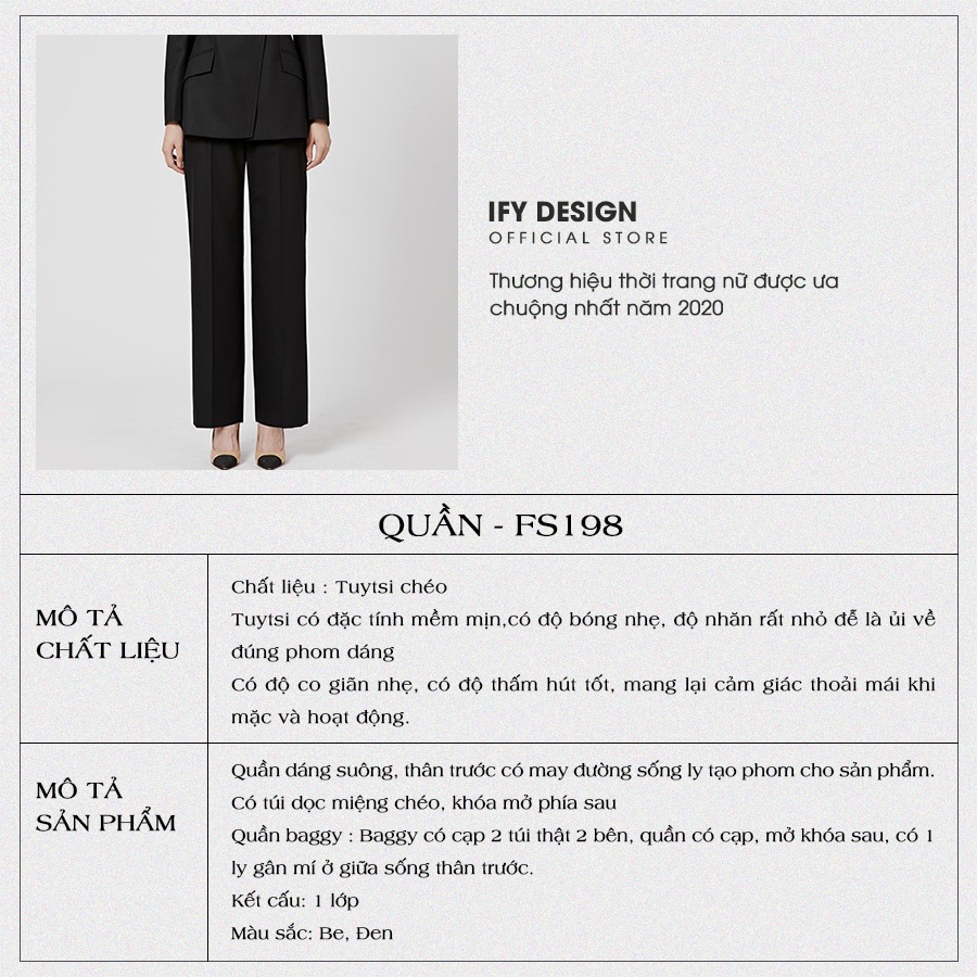 Quần suông nữ ống đứng màu đen sống ly khóa sau IFY Design FS198Q