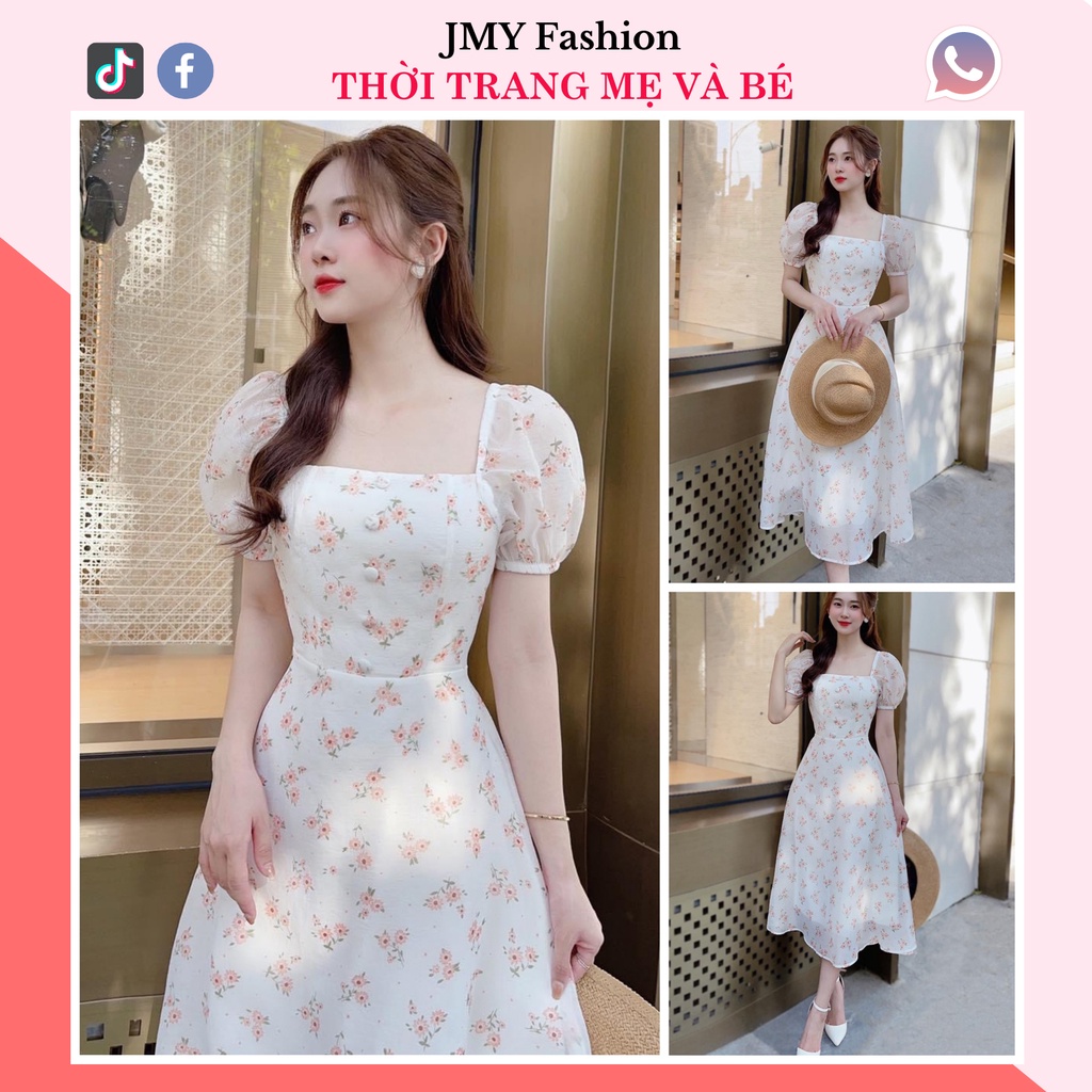 V111 Váy voan trắng hoa nhí cổ vuông dáng dài nữ tính - TH Hà Thanh