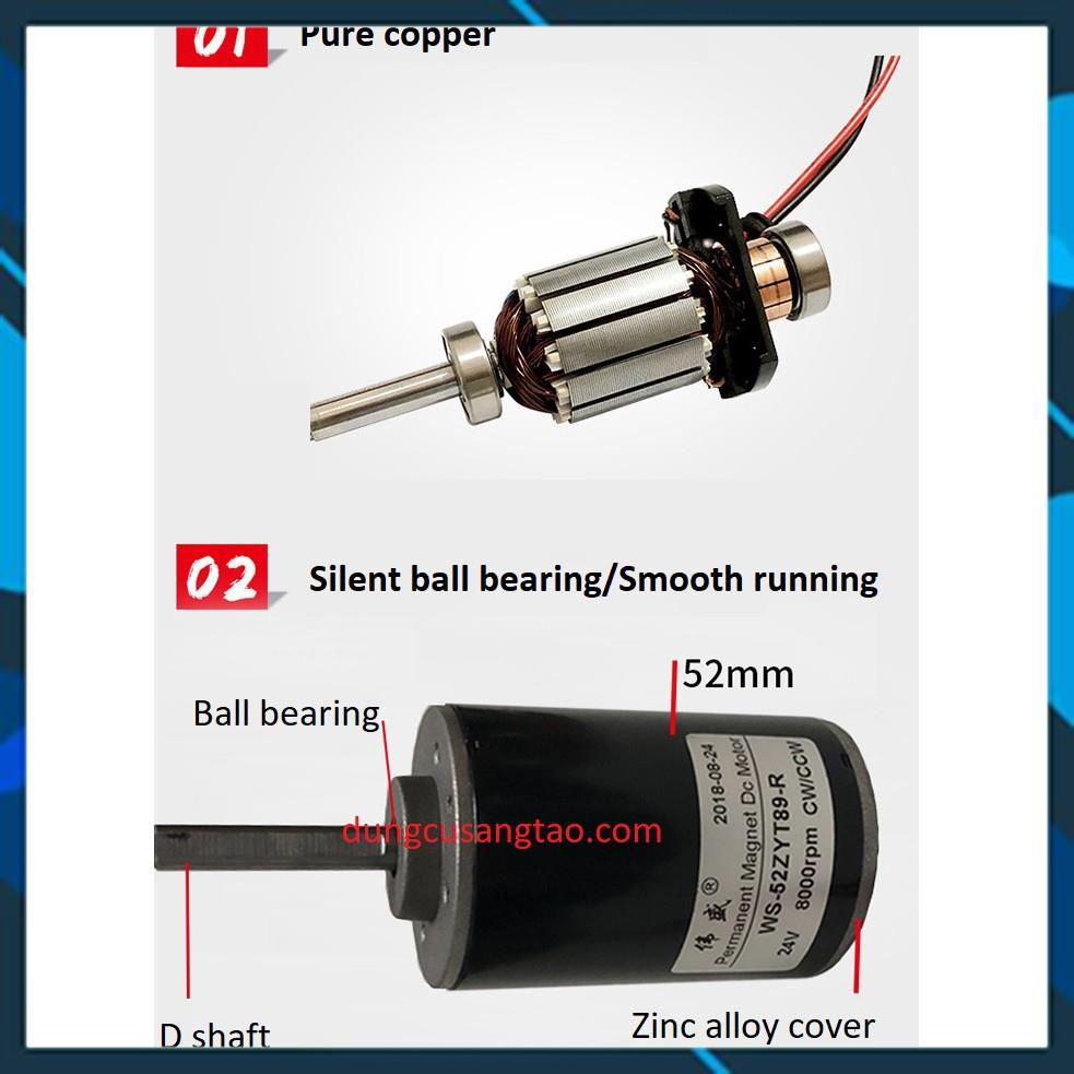 Motor 24v trục 8mm 8000 vòng/phút / Động cơ 24vdc 8000rpm / Motor cốt 8mm 52 ZYT 89-R  cao cấp