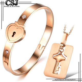 Bộ trang sức cặp đôi titan (thép k gỉ) vòng tay ổ khóa và dây chuyền chìa khóa mạ vàng 14k