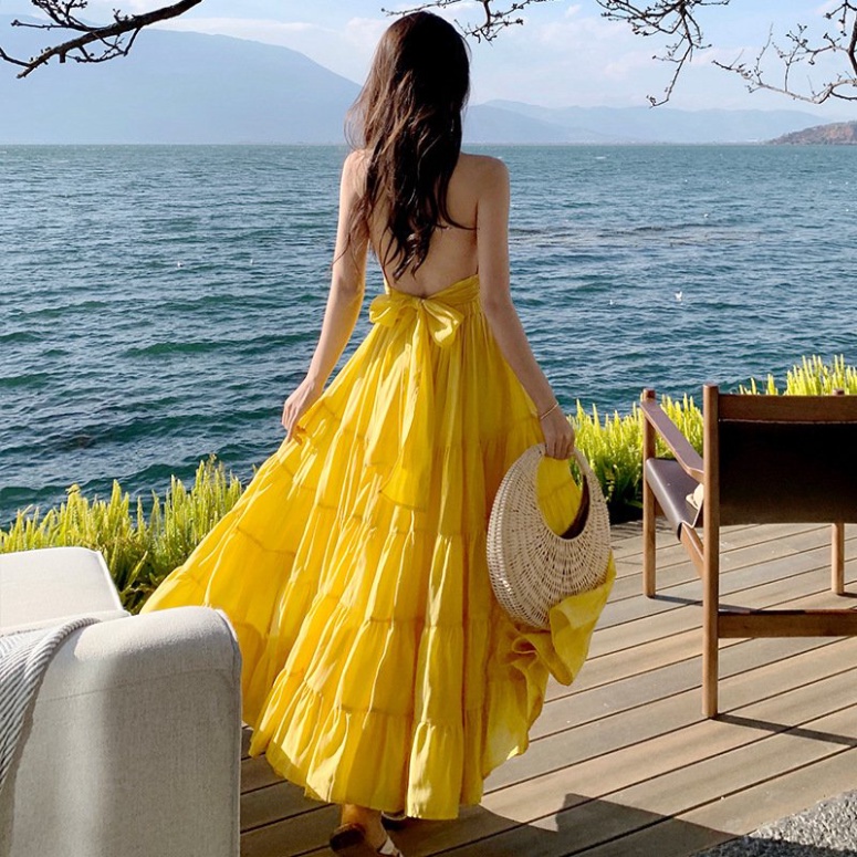 Váy đi biển xòe LUHAZO nữ đẹp maxi 2 dây dáng dài rộng bigsize kiểu Hàn Quốc vintage  babydoll hở lưng 1212 DK1T3