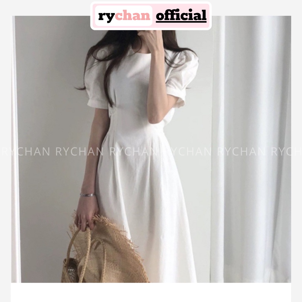Đầm Xòe Midi Tay Phồng Cột Eo 2 Màu Đơn Giản - DX0069