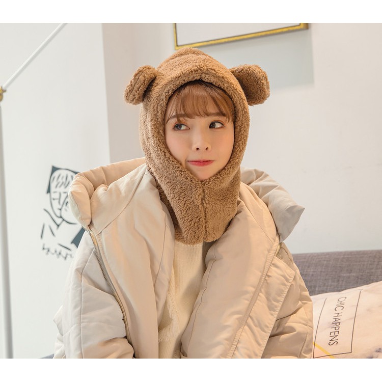 Mũ len trùm đầu liền khăn cổ thiết kế tai gấu kute len lông cừu ấm áp cho bé lớn và mẹ mùa đông