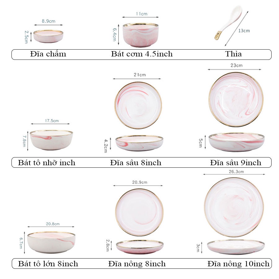 Bộ Bát Sứ Vân Đá Hồng Viền Vàng Cao Cấp - Phong Cách Bắc Âu