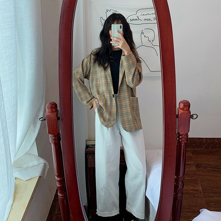 [CÓ SẴN] Áo khoác blazer nữ kẻ caro form rộng dài tay phong cách Hàn Quốc ulzzang | BigBuy360 - bigbuy360.vn