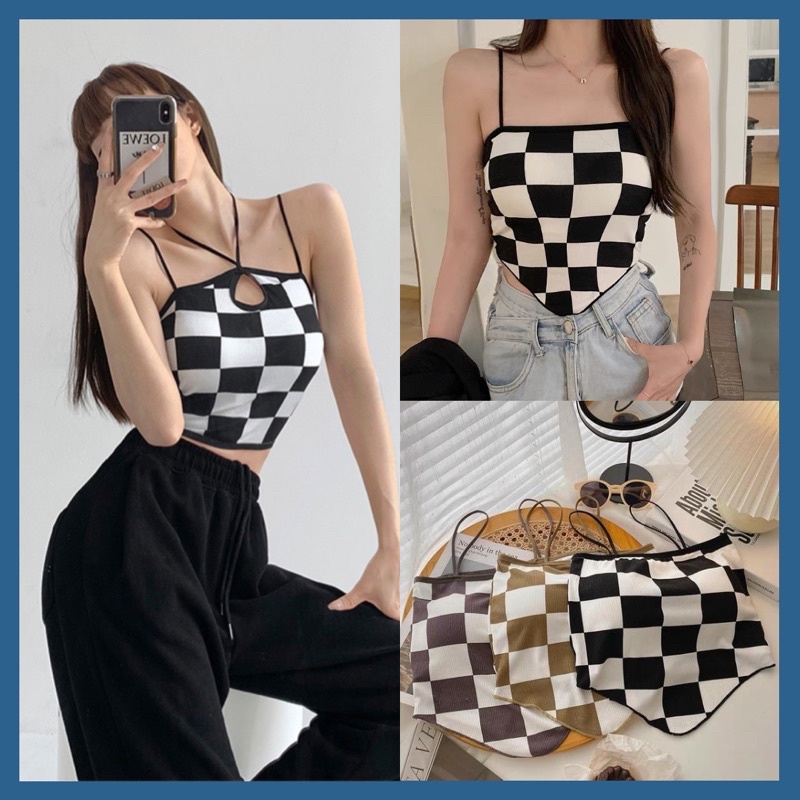 Áo croptop caro nữ cổ yếm JEANIE áo 2 dây ôm body có sẵn đệm mút tiện lợi