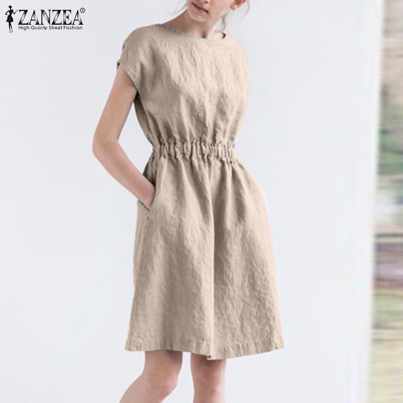 Đầm ZANZEA cotton ngắn tay lưng thun phối túi phong cách châu âu cho nữ