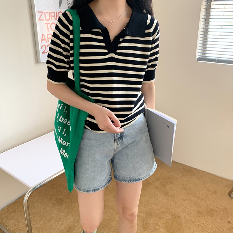 Áo thun nữ Ngắn tay Kẻ Sọc ngang Chất lụa băng Cổ V Form rộng Có Cổ bẻ POLO Áo phông nữ Tay ngắn Thời trang | BigBuy360 - bigbuy360.vn