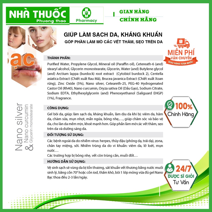 Gel Bôi Nano Bạc Tuýp 20G - Giúp Làm Sạch Da, Kháng Khuẩn hỗ trợ Làm Mờ Các Vết Thâm, Sẹo Trên Da-PT