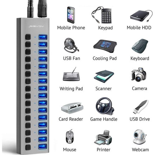 [Mã 159ELSALE hoàn 7% đơn 300K] Bộ Chia USB 3.0 16 Cổng ACASIS - Nguồn 12V 7.5A - HUB USB 16 Port