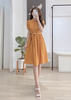 Váy vàng chấm bi cổ đức kèm đai