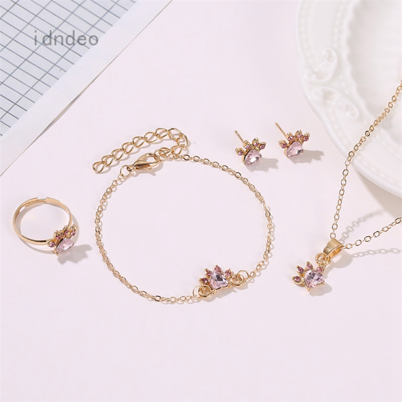 Set Dây Chuyền Nhẫn Và Đôi Khuyên Tai Kim Loại Tạo Hình Bàn Chân Mèo Dễ Thương Cho Nữ