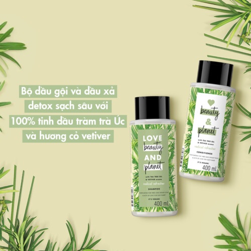 Combo dầu gội xả LBP detox sạch sâu với 100% tinh dầu tràm trà Úc và hương cỏ vetiver 400ml