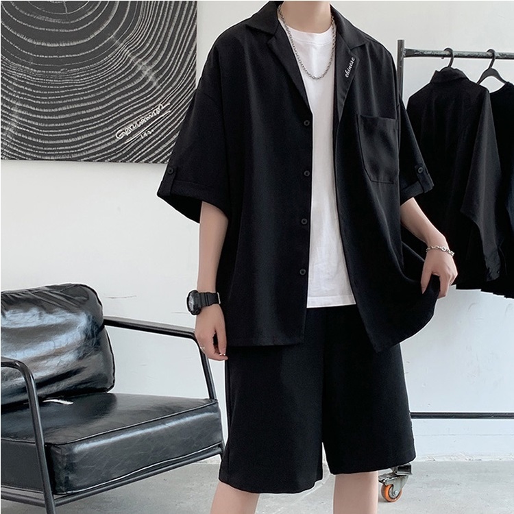 Bộ quần áo nam nữ unisex form rộng tay lỡ sơ mi quần short rộng màu đen và nâu dáng đẹp thời trang trẻ pon.mens