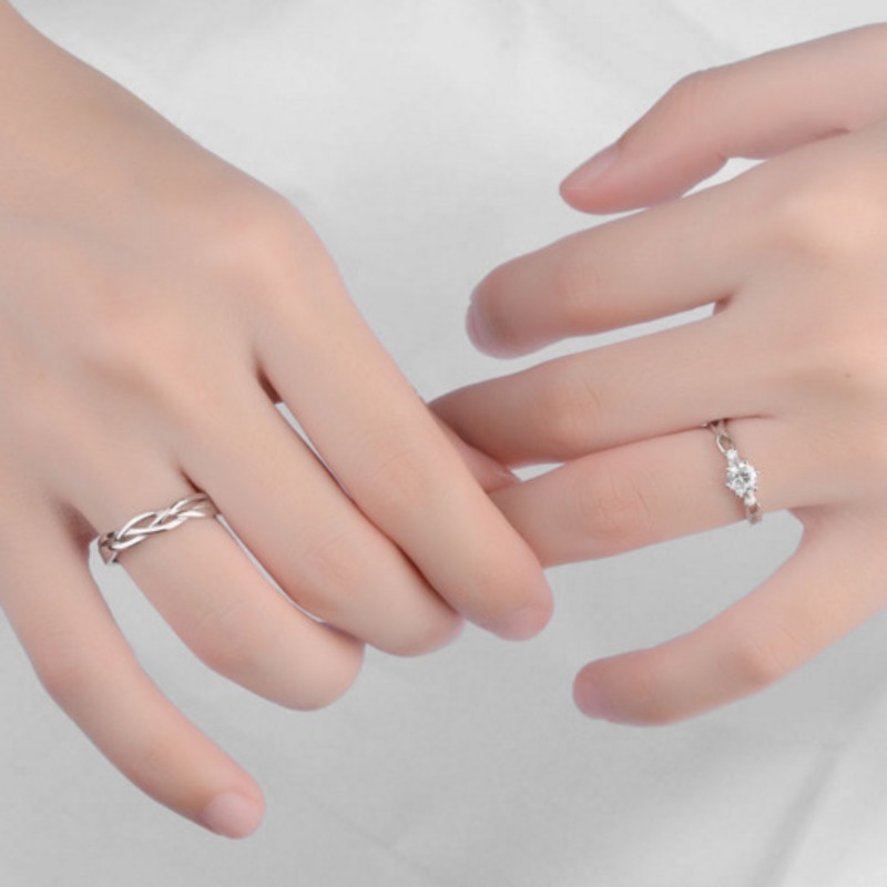 Bộ 2 Nhẫn Cưới Bạc 925 Đính Kim Cương Pha Lê Có Thể Điều Chỉnh Kích Thước Dành Cho Cặp Đôi