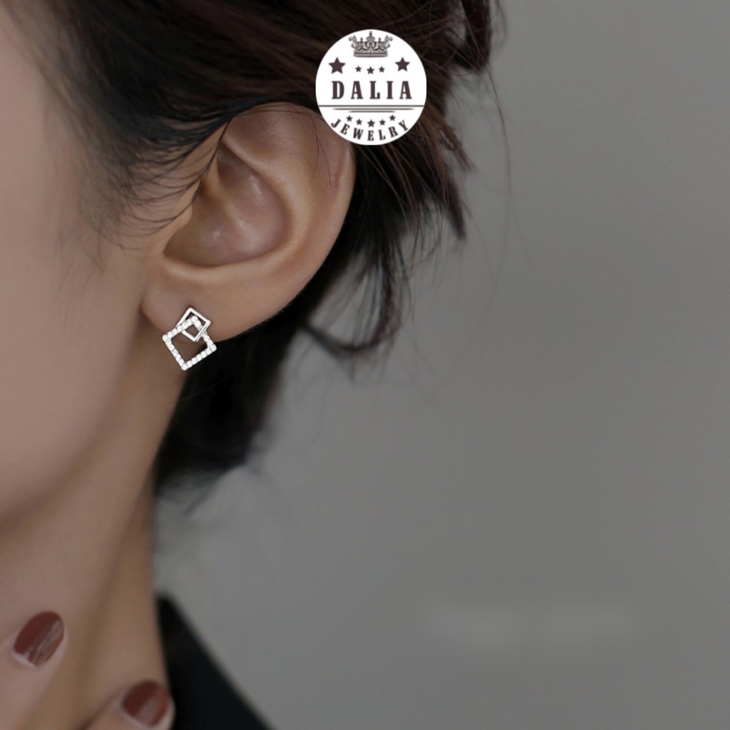 Bông tai bạc nữ DaLiA Jewelry khuyên tai hình vuông lồng vào nhau cá tính hoa tai chuẩn bạc không gỉ an toàn cho da