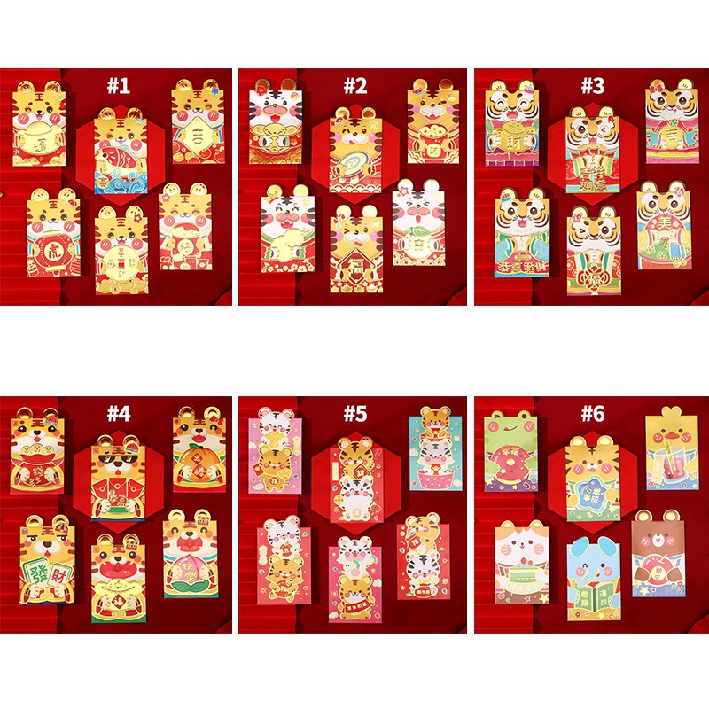 Set 6 bao lì xì hình hổ hoạt hình năm mới 2022