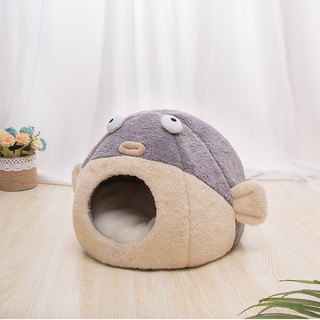 Nhà nằm,ổ nằm đệm lông xù hình cá nóc cho chó mèo