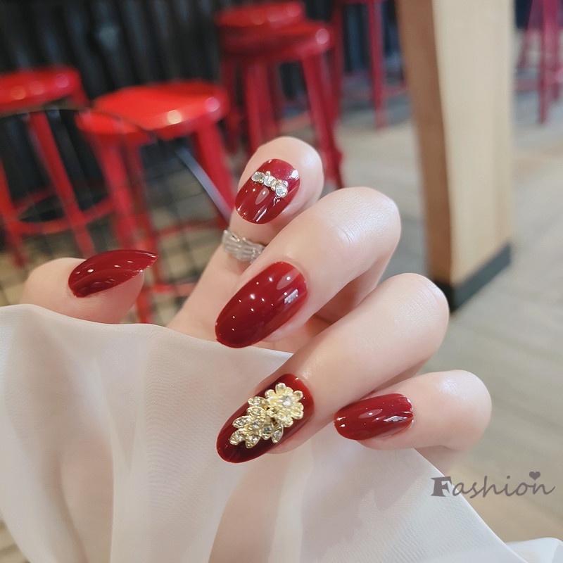 [Hàng mới về] Set 24 Móng Tay Dài Giả Màu Đỏ Rượu Thời Trang Có Thể Tháo Rời