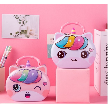 Két sắt mini hình nhân vật hoạt hình, mèo kitty cho bé đựng tiền tiết kiệm - có khóa, trang trí bàn học