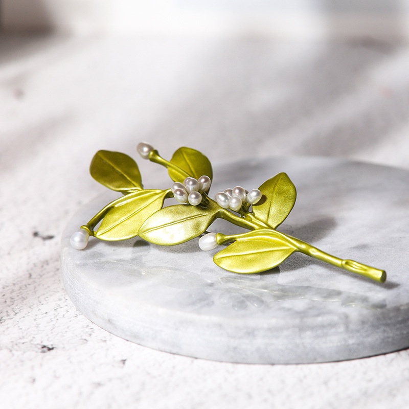 Ghim Cài Áo Hình Lá Đính Ngọc Trai Nhân Tạo Thời Trang Cho Nữ