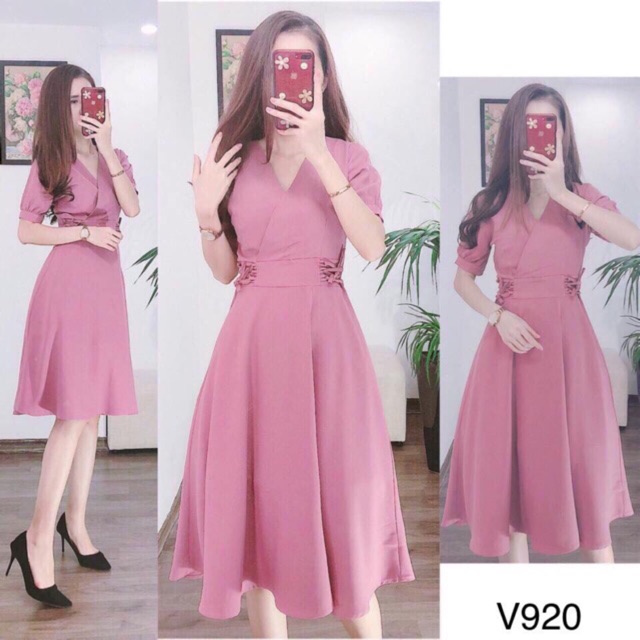 Đầm xoè midi cột eo cổ chéo thời trang công sở, dự tiệc, dạo phố