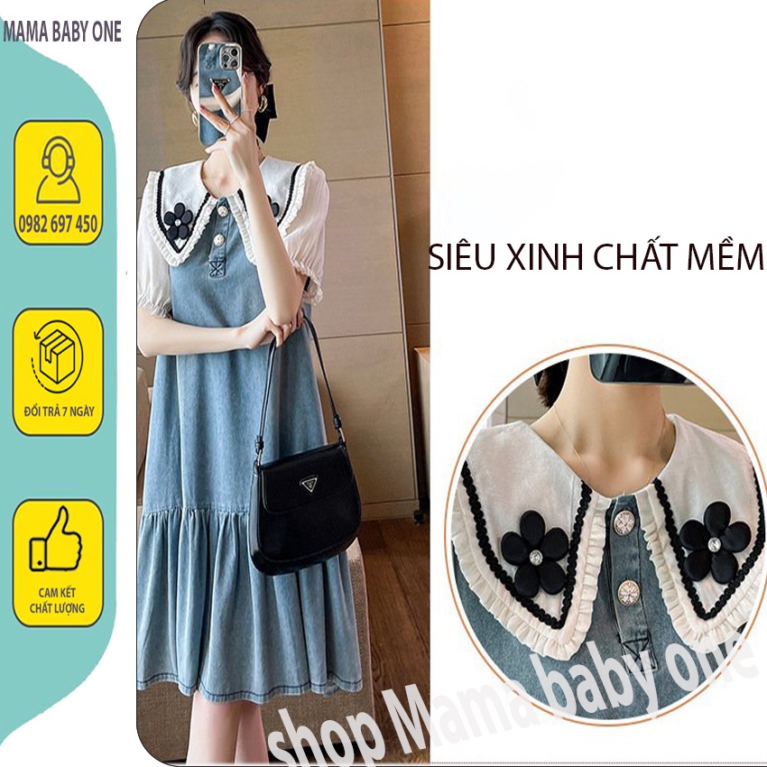 ĐẦM BẦU  TIỂU THƯ XINH XẮN - VÁY BẦU THIẾT KẾ CỔ BÈO ĐÍNH HOA BO ỐNG TAY ĐIỆU ĐÀ ....