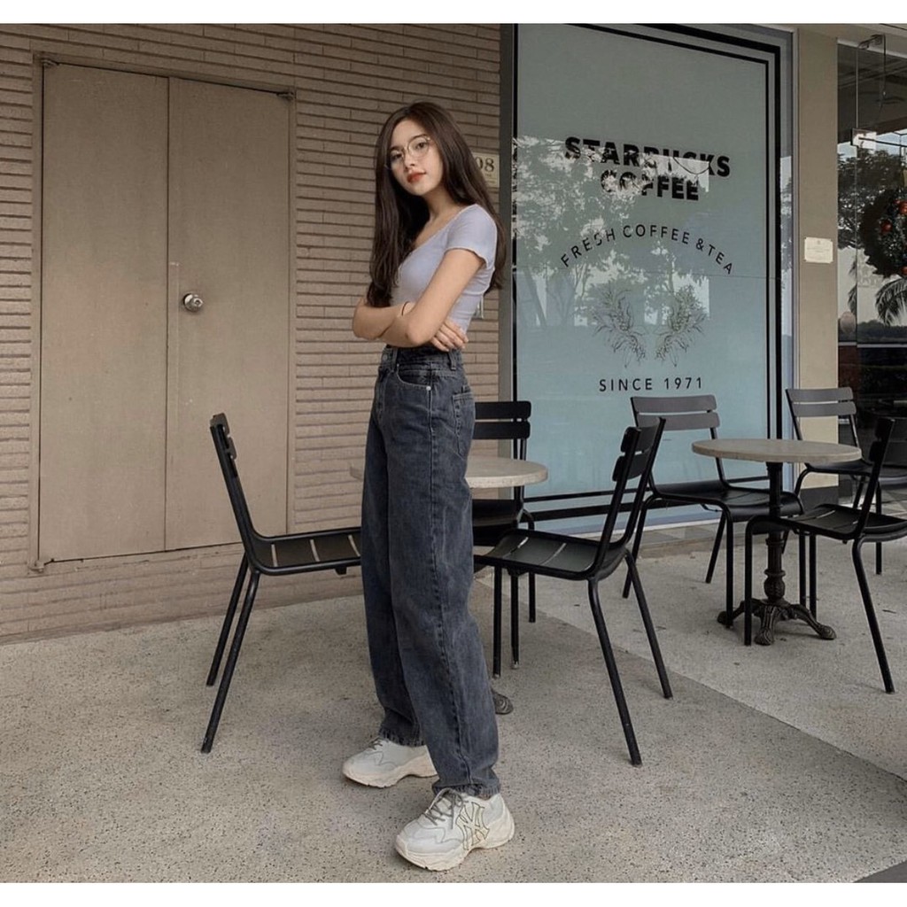 [HÌNH THẬT] QUẦN JEAN DÀI ỐNG RỘNG LƯNG CAO XÁM ĐEN TRƠN BASIC - QUẦN BÒ NỮ CULOTTES SUÔNG 60