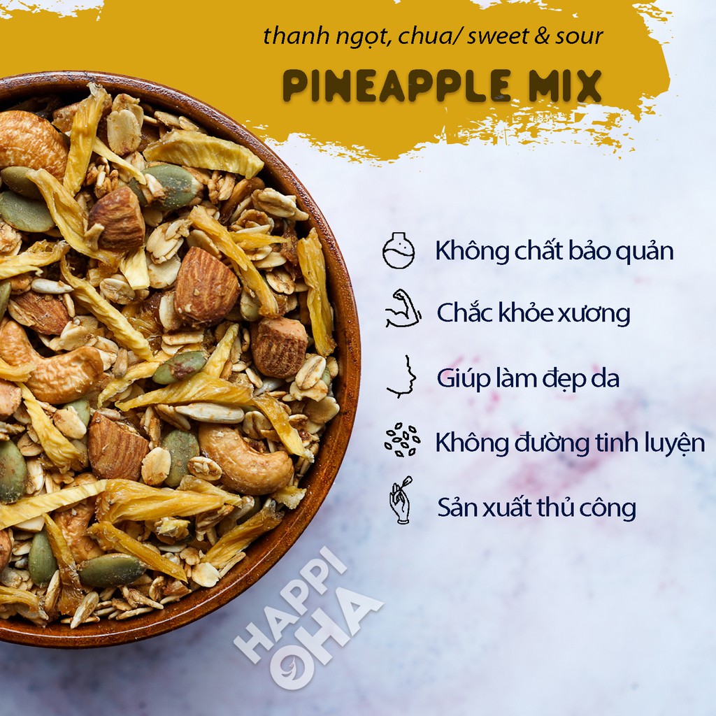 Granola Pineapple Mix HAPPI OHA - Ngũ Cốc Ăn Sáng/Ngũ Cốc Ăn Kiêng Không Đường Tinh Luyện Vị Dứa