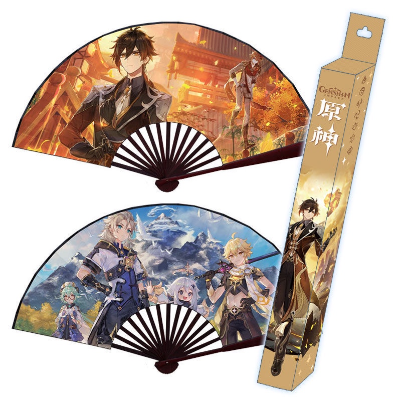 Genshin impact gấp quạt Kamizato Ayaka (Mặt dây chuyền + hộp) Zhongli Hutao Quạt 8 inch cosplay lụa XzKV