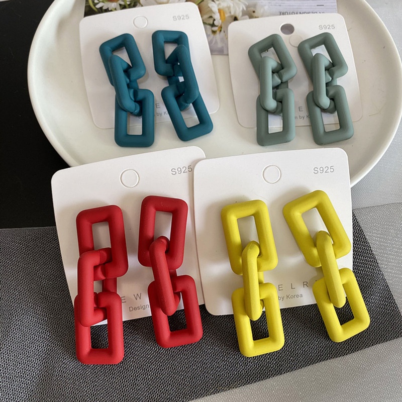 Bông Tai Dạng Dây Xích Dày Mặt Hình Chữ Nhật Nhiều Màu