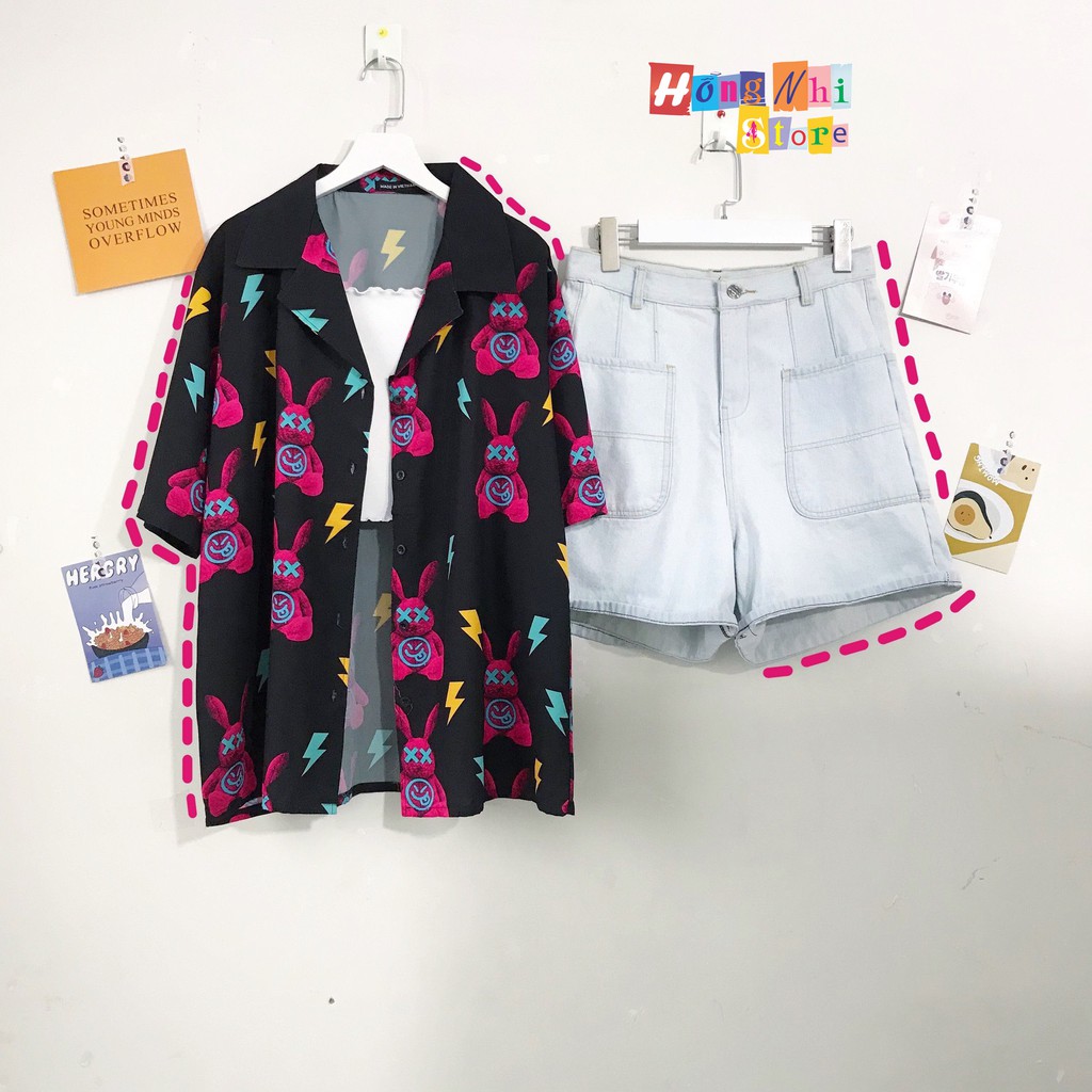 Áo sơ mi hoạ tiết tay lỡ dáng rộng, sơ mi hoa đi biển, sơ mi đen hình thỏ tay lửng unisex - mm | BigBuy360 - bigbuy360.vn