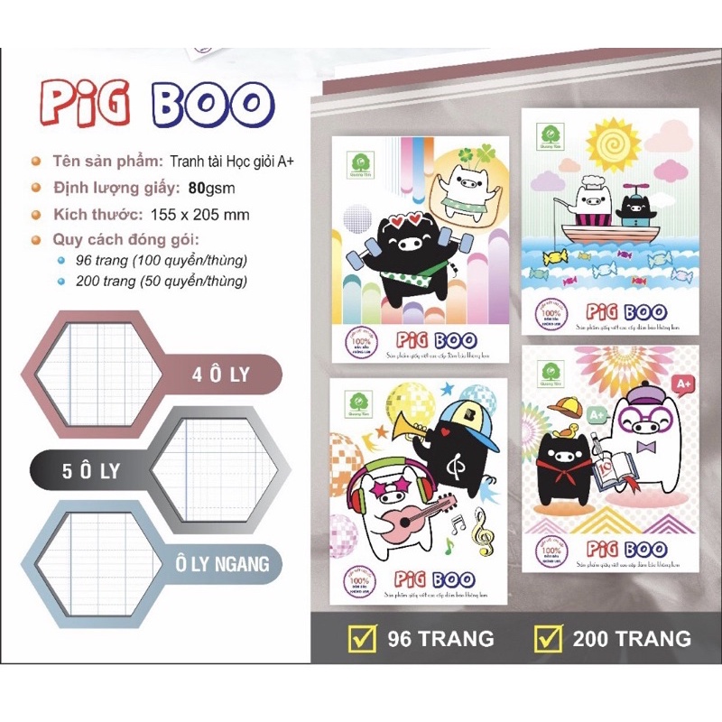 Tập học sinh 96tr, 200tr độ dày 80gsm dòng kẻ4 ôly/ 5 ôly Quang Tâm lốc 5 quyển
