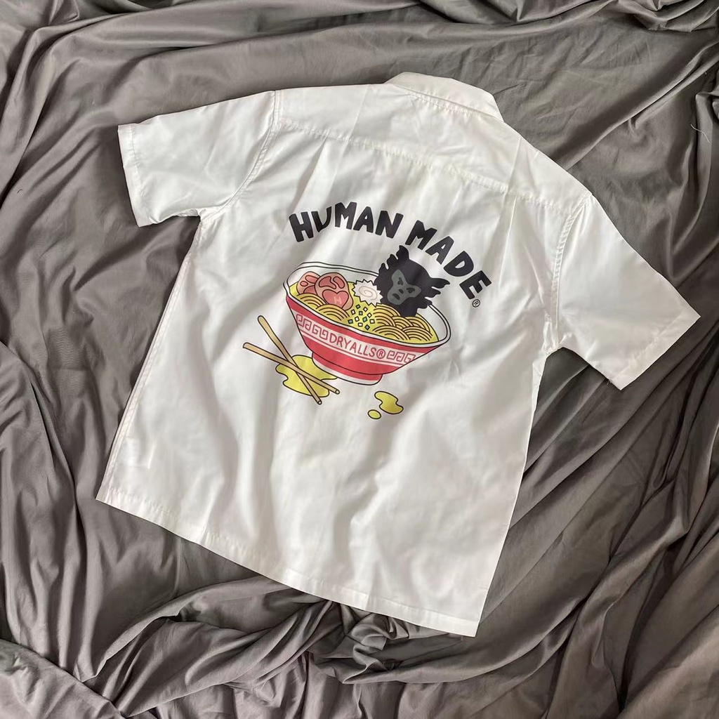 Áo Sơ Mi Trắng Tay Ngắn Cổ Bẻ Dáng Rộng In Chữ HUMAN MADE Ramen Retro Hawaiian Nhật Bản Hợp Thời Trang Cho Cặp Đôi Nam Và Nữ nigo