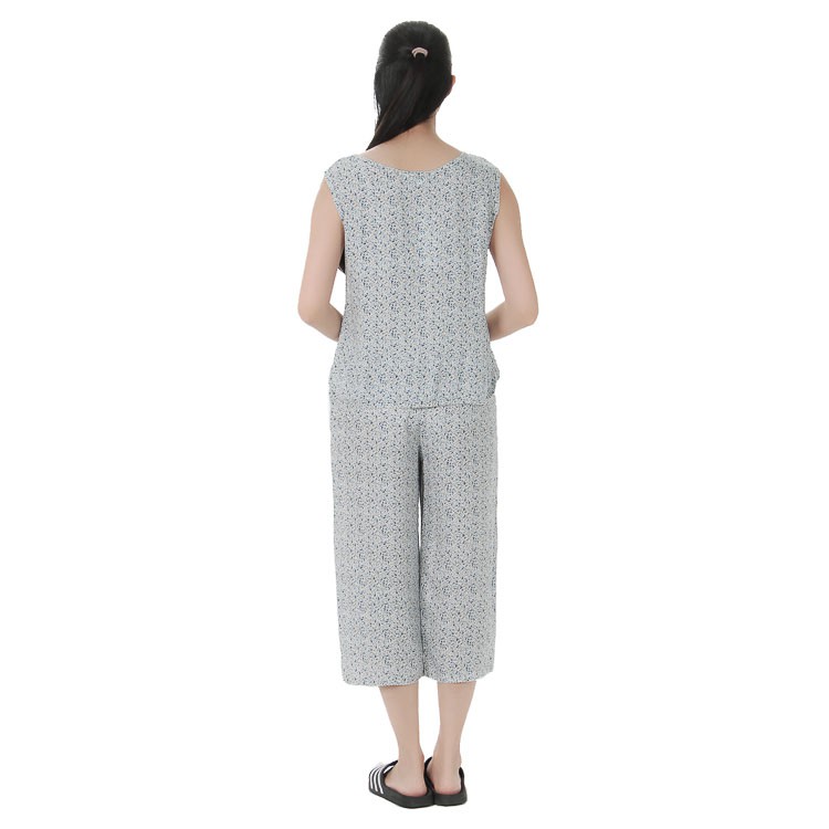 Bộ mặc nhà lanh (tole) chéo Hàn Vicci BST.086.9 quần ống sớ hoạ tiết lá nhí xanh