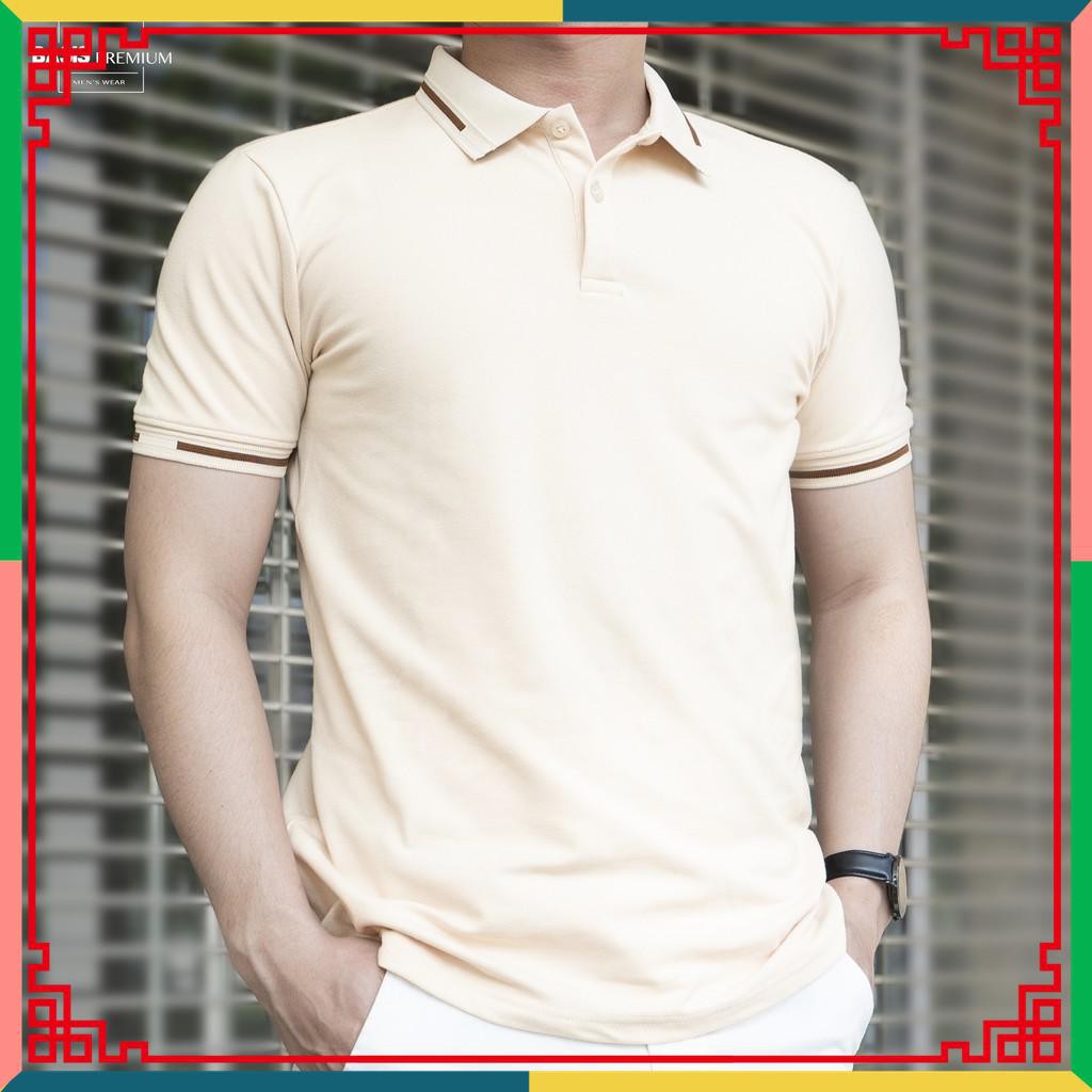 Áo thun nam có cổ polo cao cấp, màu kem nâu tanin phối viền sang trọng | BigBuy360 - bigbuy360.vn