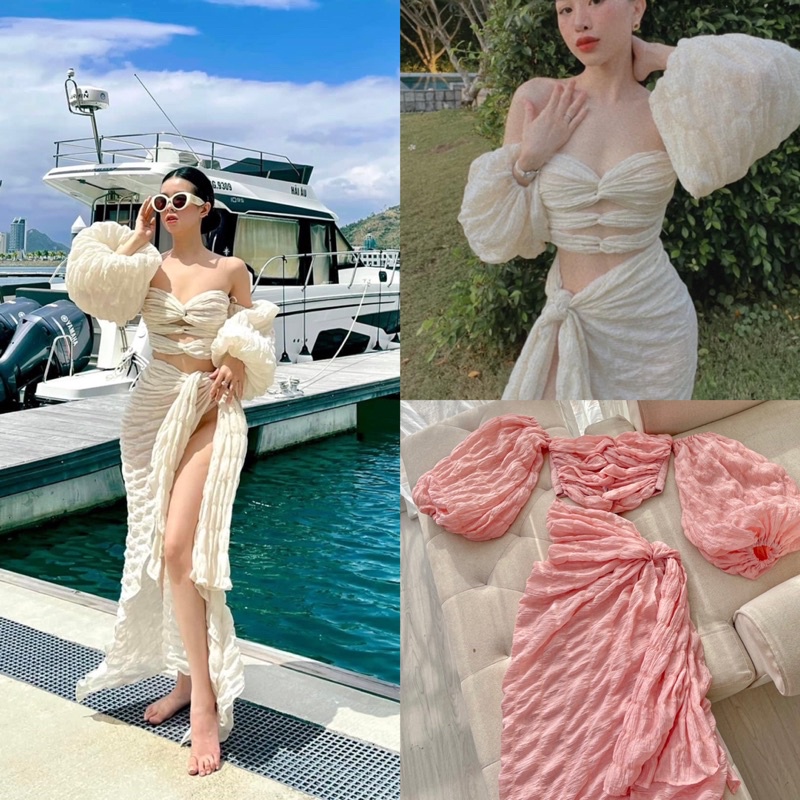 (loại 1)Set 3 món áo trễ vai + chần váy xẻ tà + bikini 252