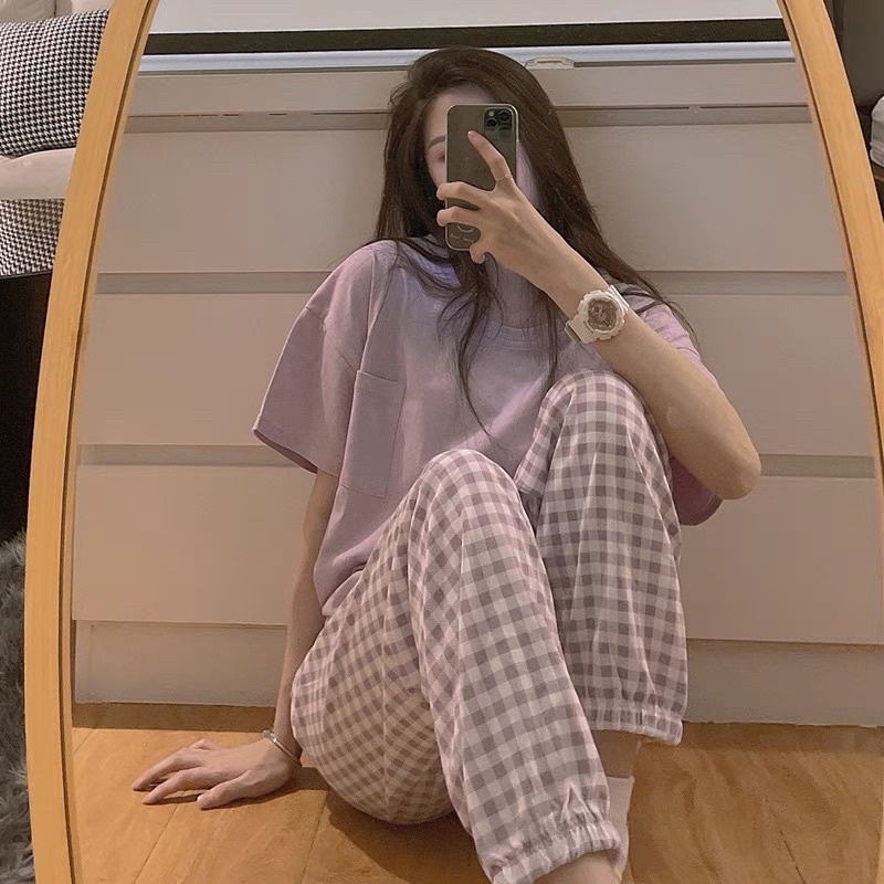 A13_Đồ Ngủ Pyjama Nữ Áo Cộc Tay Trơn Có Túi Ngực Quần Dài Kẻ Caro Chất Cotton Mặc Nhà Thoáng Mát Style Hàn Quốc