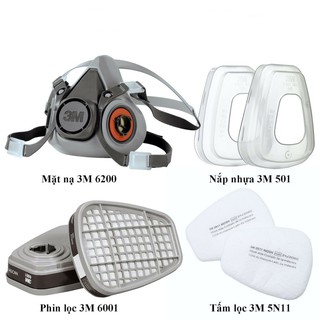 Combo mặt nạ phòng độc 3m 6200+phin lọc +bông lọc 5n11+nắp giữ 501